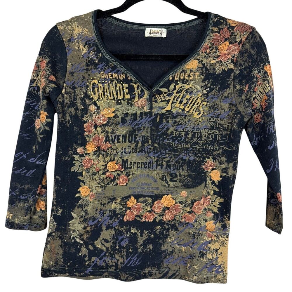 Jamee J Black Multicolored Pattern V-Neck Three-Quarter Sleeve Top Size S
